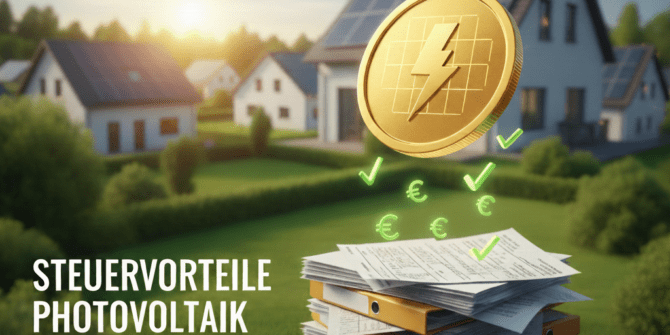 Aktenordner und eine goldene Münze ist zu sehen vor einer Siedlung mit Solaranlagen