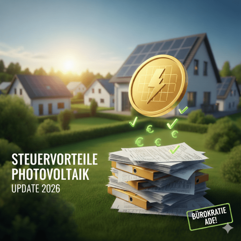 Aktenordner und eine goldene Münze ist zu sehen vor einer Siedlung mit Solaranlagen