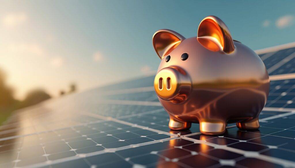 Amortisation von Solaranlagen - ein Sparschwein seht auf PV-Modulen und wir von der Sonne angestrahlt