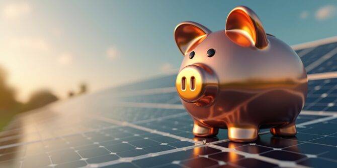 Amortisation von Solaranlagen - ein Sparschwein seht auf PV-Modulen und wir von der Sonne angestrahlt