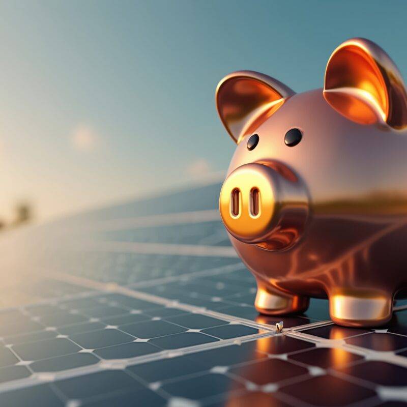 Amortisation von Solaranlagen - ein Sparschwein seht auf PV-Modulen und wir von der Sonne angestrahlt