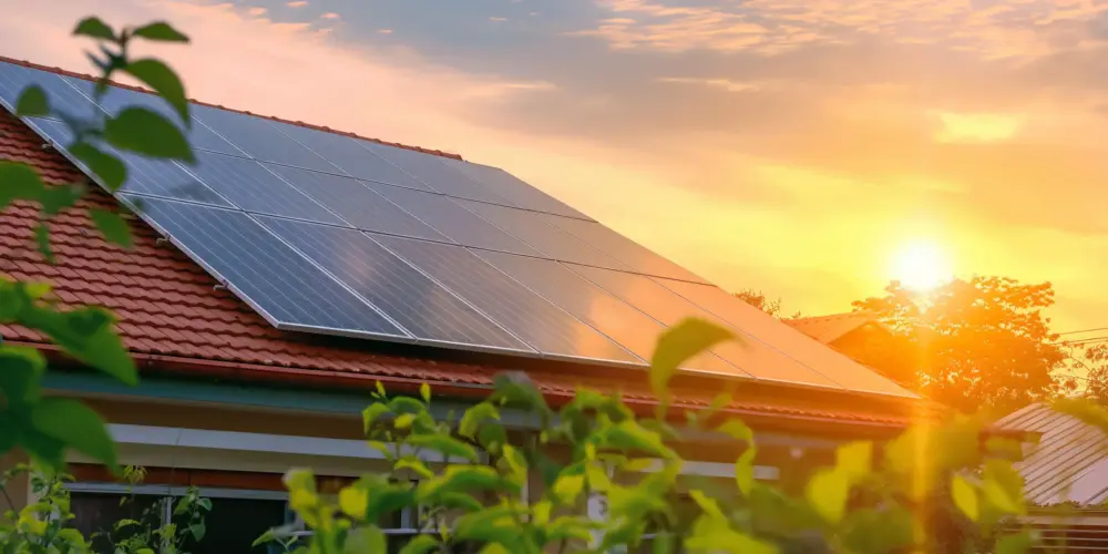 Dach mit Solarpanelen beim Sonnenuntergang