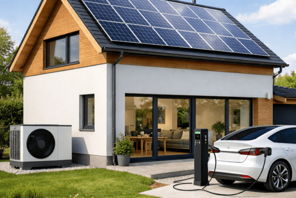 Haus mit Solarpanelen, Wärmepumpe und Elektroauto für die Sektorenkopplung
