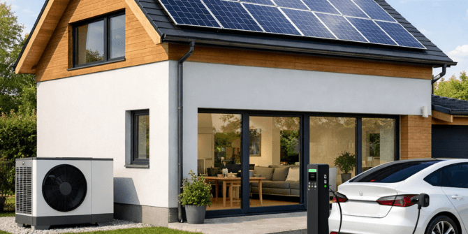 Haus mit Solarpanelen, Wärmepumpe und Elektroauto für die Sektorenkopplung