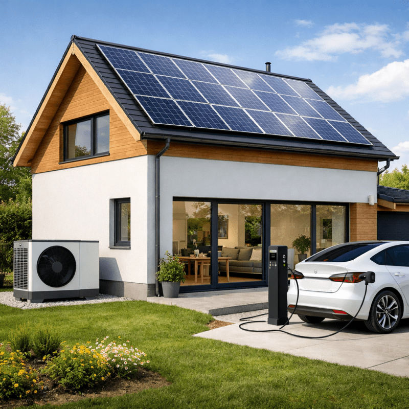 Haus mit Solarpanelen, Wärmepumpe und Elektroauto für die Sektorenkopplung