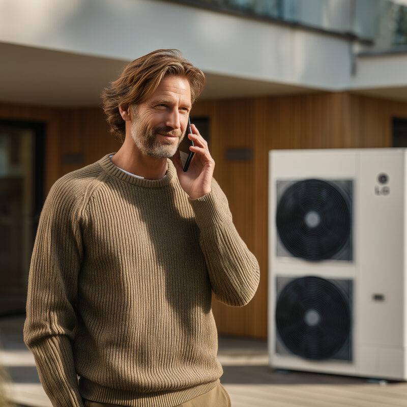 Ein Handelsvertreter telefoniert vor einem Haus und im Hintergrund ist eine Wärmepumpe zu sehen.