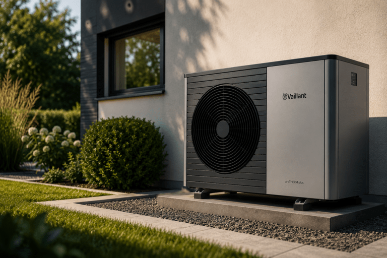 Im Außenbereich eines Hauses steht eine moderne Wärmepumpe