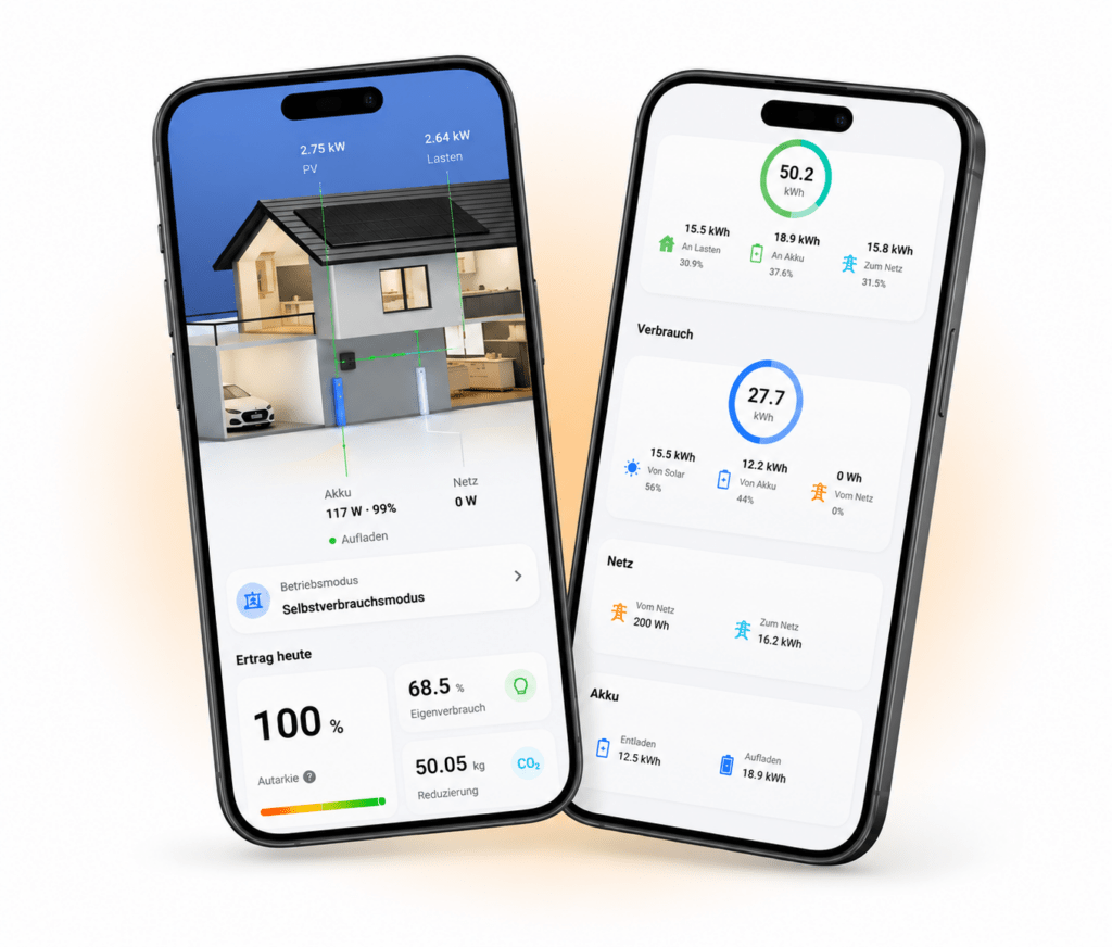 2 Handys in denen die smartsteuerung einer pv-anlage gezeigt wird