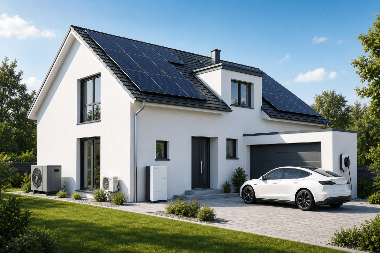 Modernes Energiehaus mit Solaranlage, Wärmepumpe, Speicher und Elektroauto